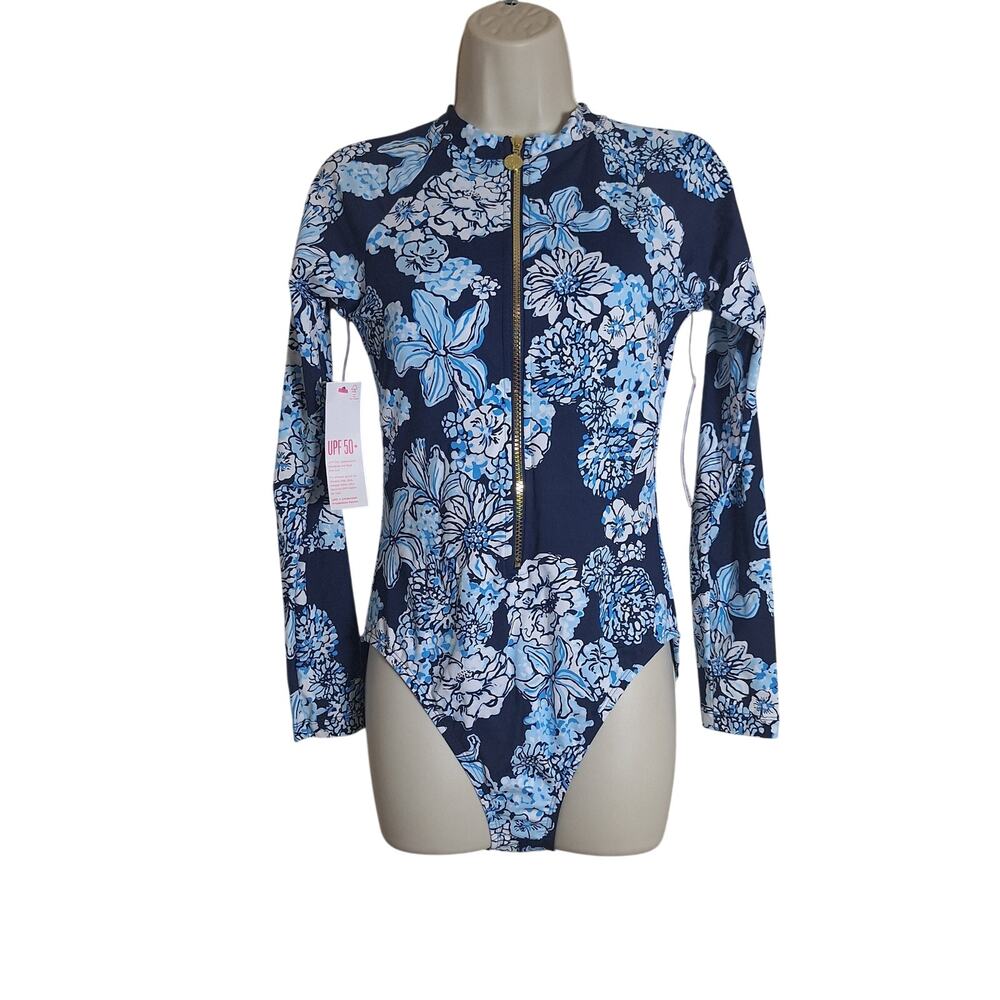 Lilly Pulitzer Randee Rashguard One Piece Swimsuit Low Tide Navy Bouquet All Day - Picture 3 of 14